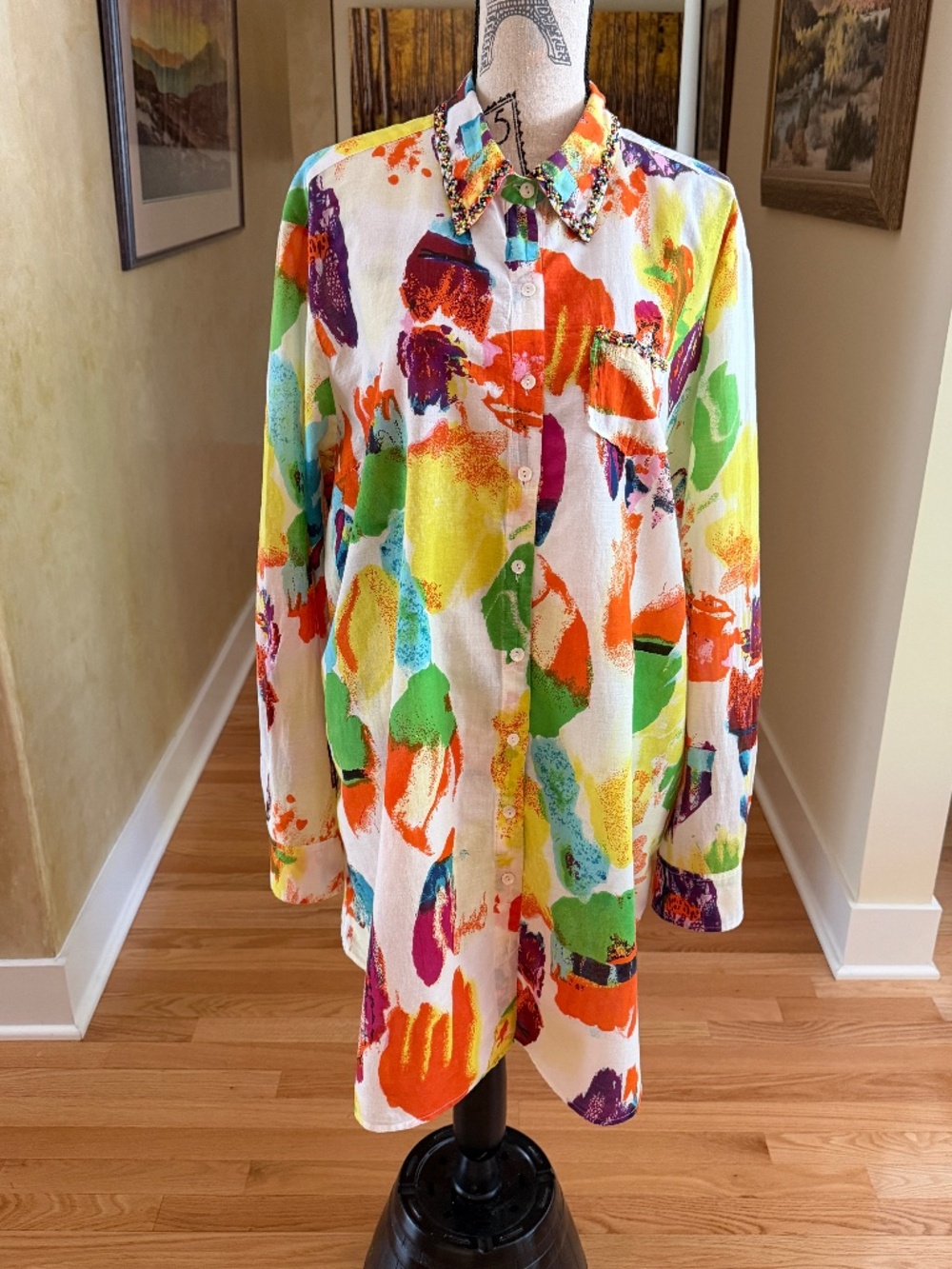 Sandy Starkman Long Cotton Blouse Multi-Color Beaded Collar Size 1X